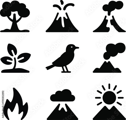 Black icons of nature elements tree plant bird volcano sun fire