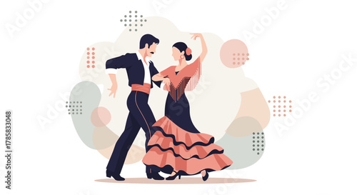 A vibrant illustration captures a couple gracefully performing a traditional flamenco dance with passion and elegance, showcasing cultural heritage.