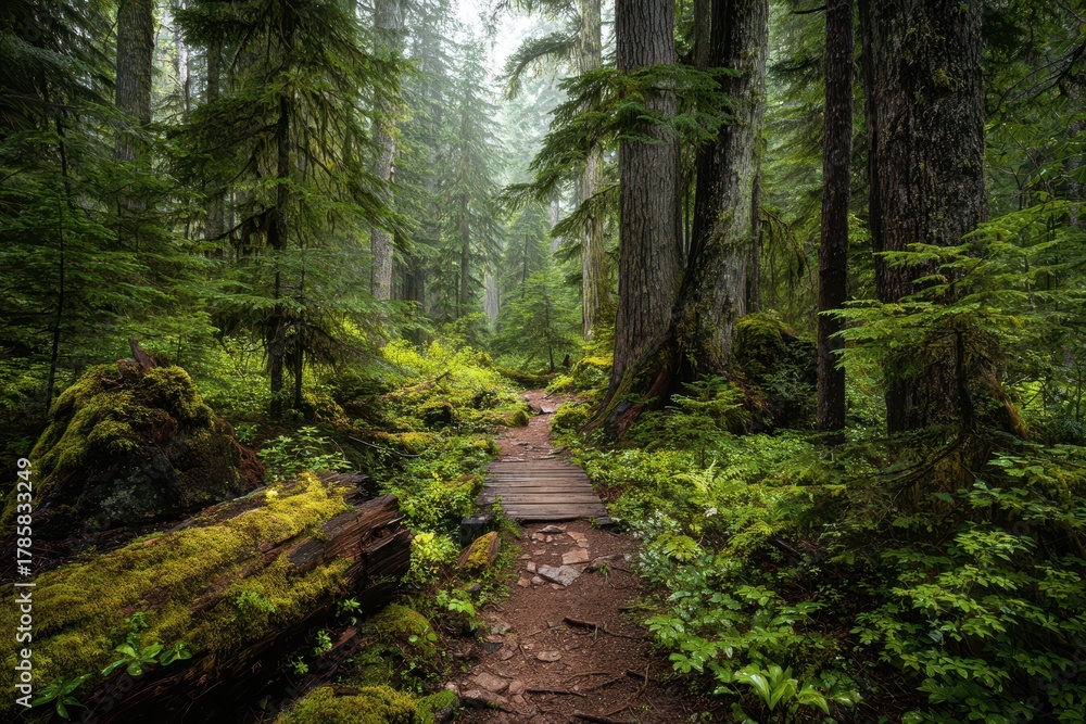 Fototapeta premium Misty Pacific Northwest forest trail winding beneath towering evergreen trees