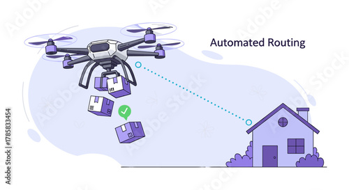 A drone delivers packages to a house, showcasing automated routing and modern delivery methods for efficient service and convenience.