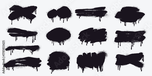 Black Spray Paint Brush Strokes on White Background. Grunge ink texture set with dripping graffiti lines, splatter smudges, and rough painted stripes. Urban street art design perfect for posters, t
