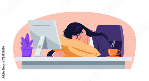 A tired businesswoman sleeps at her desk, resting her head on a pillow, with a computer monitor and a cup of coffee nearby, illustrating overwork.
