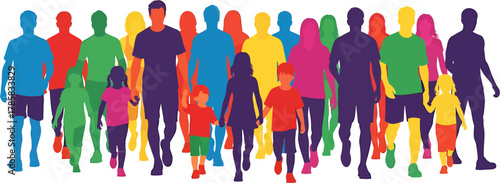 Diverse Group of People Walking Together Colorful Silhouettes