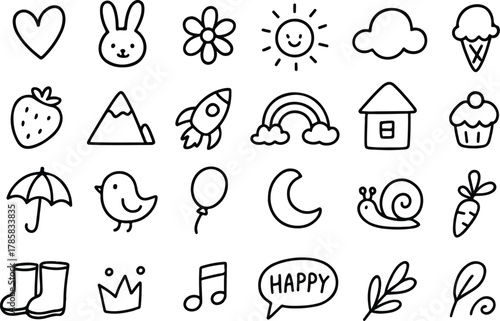 Collection of hand drawn doodle icons featuring a heart bunny flower sun cloud ice cream cone strawberry mountain rocket rainbow house cupcake umbrella bird balloon moon snail carrot boots crown music
