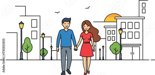 Couple Enjoying a Walk in the City A Delightful Urban Stroll Illustration