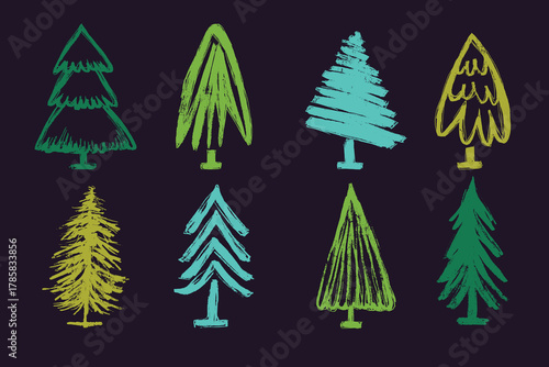 Colorful Hand-Drawn Christmas Trees in Grunge Paint Style on Dark Background. Urban doodle evergreen set with abstract pine silhouettes. Winter holiday art perfect for greeting cards, posters