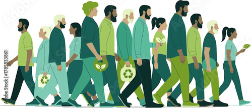 Diverse group of men and women walking together in profile, symbolizing a unified movement towards an eco-friendly and sustainable society