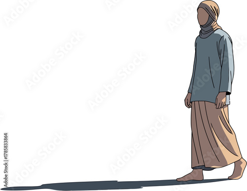 Walking Muslim Woman Illustration Vector of Modest Attire in Daylight with Shadow