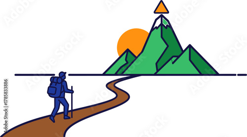 Illustration of a person hiking up a winding path towards a mountain peak with a flag on top under a rising sun