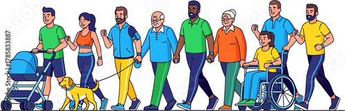 Diverse group of people of various ages, ethnicities, and abilities enjoying outdoor activities together