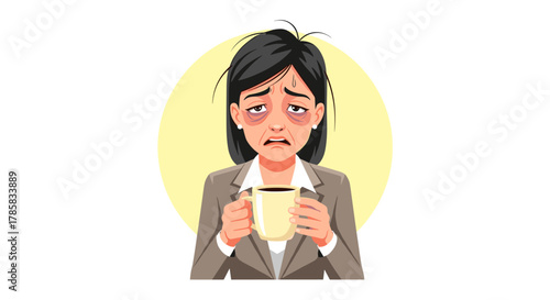Exhausted businesswoman with dark circles and a coffee cup, depicting stress and fatigue in a corporate environment, isolated on white.