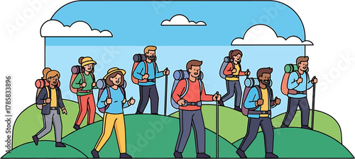 A Group of People Hiking in a Mountainous Landscape Vector Illustration