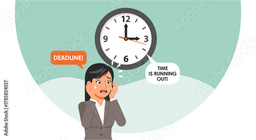 Anxious businesswoman panics as the clock ticks, illustrating the pressure of deadlines and dwindling time in a stressful work environment.