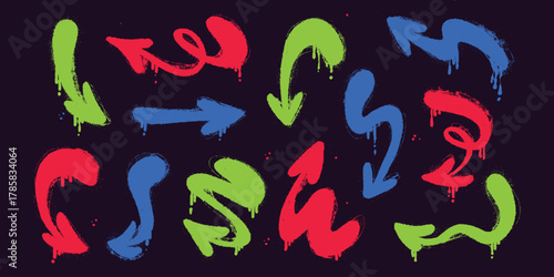 Colorful Grunge Arrows. Hand-drawn set of doodle arrow icons. Freehand curved lines and pointers. Scribbled arrows for infographics. Freehand sketches of thin, spring arrows with loops and abstract