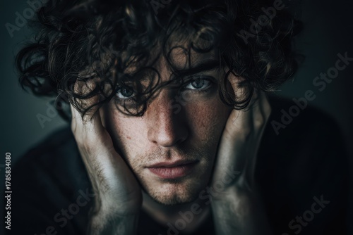 Moody head-and-shoulders portrait of a young man with curly hair and anxious expression