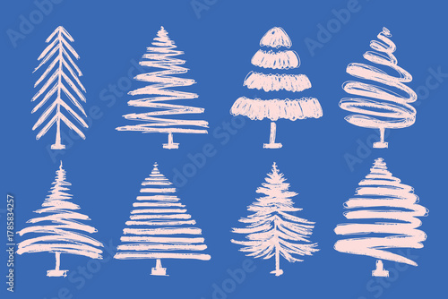 Minimalist Christmas Tree Set in Hand-Drawn Pastel Style on Blue Background. Abstract pine silhouette collection with sketch lines and modern shapes. Winter holiday art perfect for greeting cards