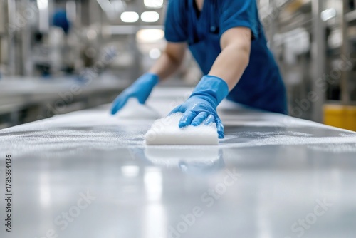 Professional sanitation worker carefully cleaning surface in factory