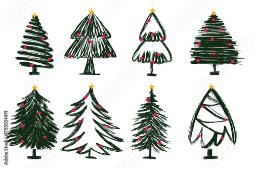 Christmas Tree Set with Stars and Ornaments in Hand-Drawn Style. Festive decorated pine collection for winter holiday cards, wrapping paper, digital design, and seasonal invitations. Rustic winter