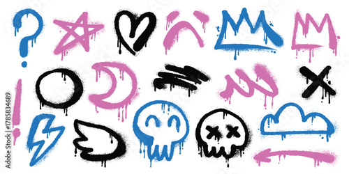 Multicolored Spray Paint Graffiti Icons and Symbols on White Background. Urban street art collection with dripping neon shapes, doodles, arrows, hearts, flowers, and abstract signs. Grunge hand-drawn