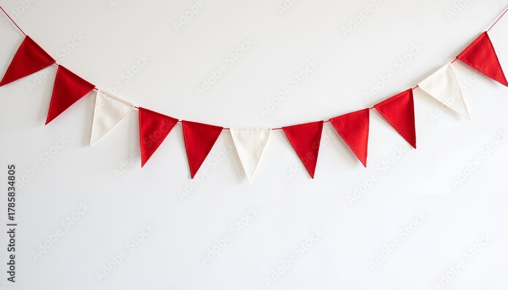 Obraz premium Red and white fabric bunting hanging on a plain background 