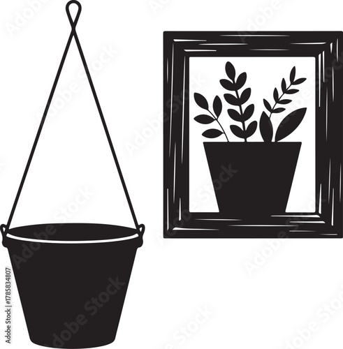 Rustic Wall Planters Silhouette with Hanging Bucket Wood Frame Pot and Iron Holder