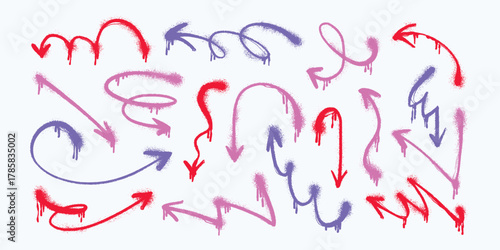 Thin Spray Grunge Arrows. Hand-drawn set of doodle arrow icons. Freehand curved lines and pointers. Scribbled arrows for infographics. Freehand sketches of thin, spring arrows with loops and abstract