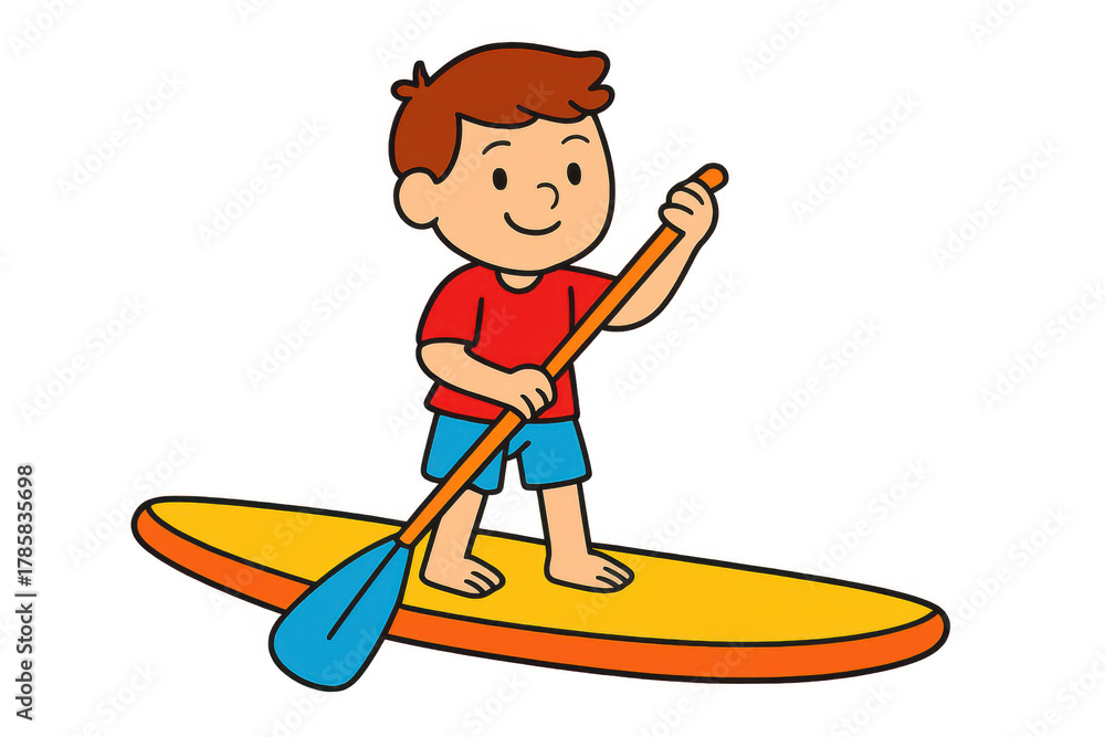 Fototapeta premium Boy stand up paddleboarding in summer cartoon graphic illustration doing water sport activity