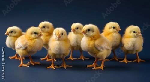Adorable yellow baby chicks standing on a dark blue background. Bright fluffy feathers, soft lighting, high-quality studio photo, cute animal concept, vibrant contrast.1