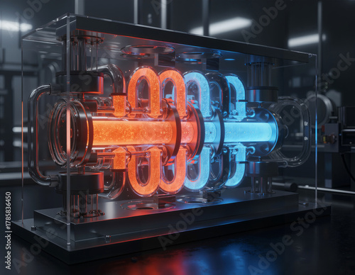 Futuristic scientific device showing a controlled energy or matter exchange with hot orange and cool blue glowing streams flowing through glass loops. High-tech experiment.