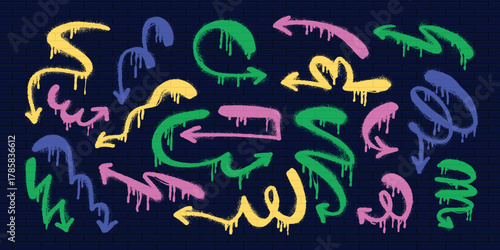 Playful Grunge Arrows. Hand-drawn set of doodle arrow icons. Freehand curved lines and pointers. Scribbled arrows for infographics. Freehand sketches of thin, spring arrows with loops and abstract