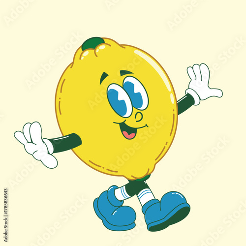 Retro Cartoon Style Detailed Lemon Vector Character with Face and Limbs Illustration