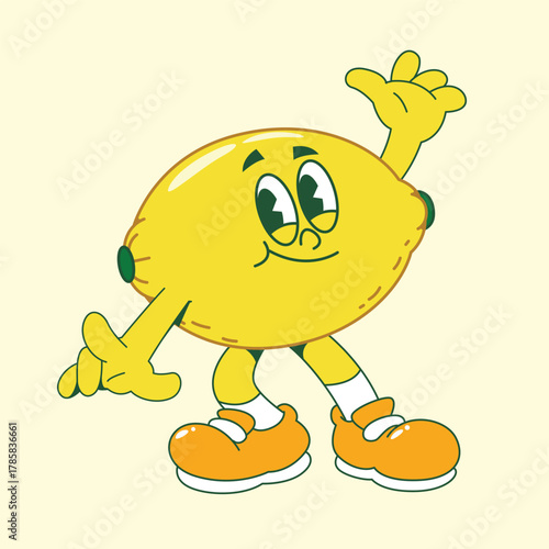 Retro Cartoon Lemon Vector Character with Face and Limbs Illustration