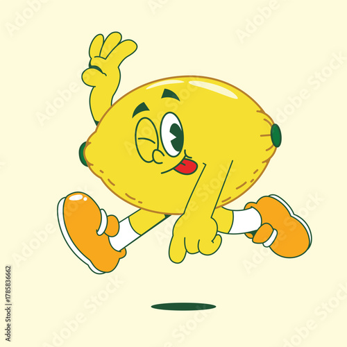 Retro Groovy Running Lemon Vector Character Mascot in Cartoon Style Illustration