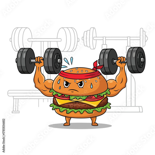 Cartoon burger lifting weights funny fast food character doing sport exercises with dumbbells in the gym vector illustration