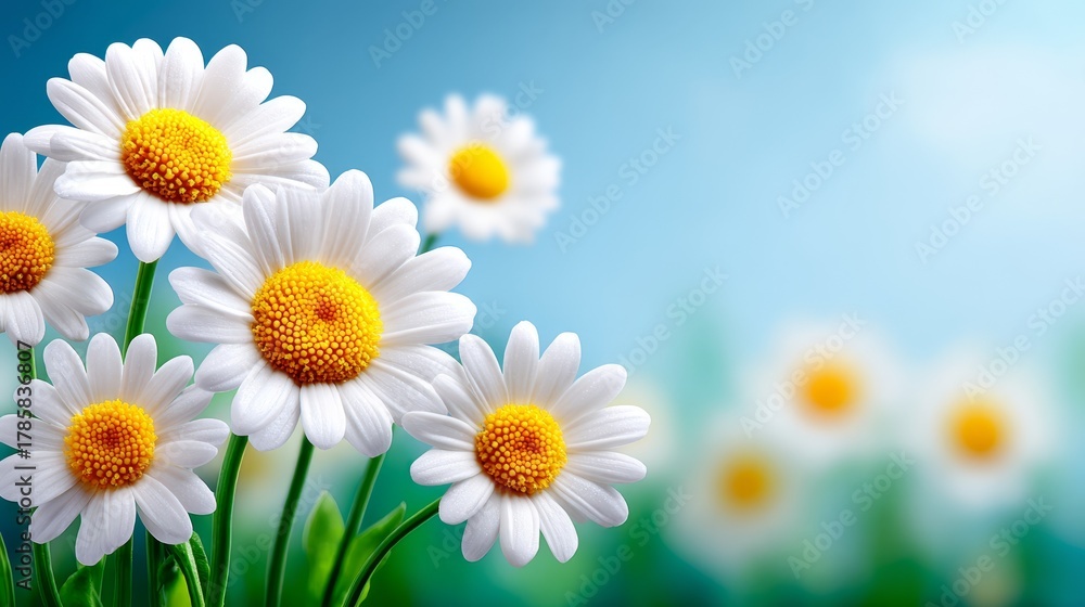 Obraz premium White daisy flowers bloom beautifully in a sunlit meadow grass, capturing the essence of spring and summer nature.