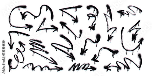 Black and White Grunge Arrows. Hand-drawn set of doodle arrow icons. Freehand curved lines and pointers. Scribbled arrows for infographics. Freehand sketches of thin, spring arrows with loops and