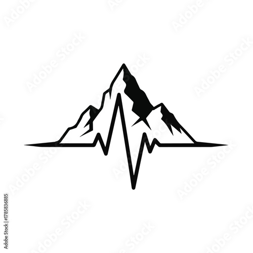 Dynamic mountain peak illustration with a vibrant heartbeat pulse line symbolizing the spirit of adventure, outdoor health, and the call of nature's majestic landscapes