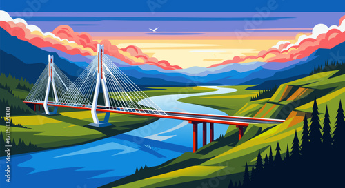 Modern bridge over river with mountains in the background, scenic view. Digital illustration