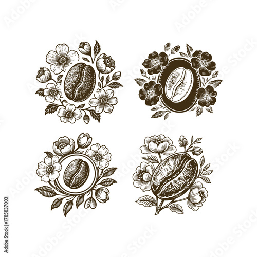 Set of four vintage engraving illustrations featuring coffee beans and blossoms arranged in decorative circular wreaths and compositions