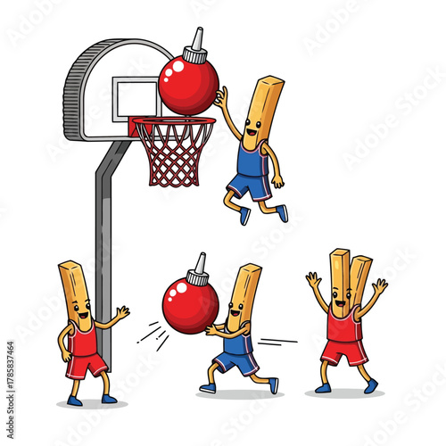 Cartoon french fries playing basketball with ketchup as a ball, a fun and playful illustration for food and sports lovers