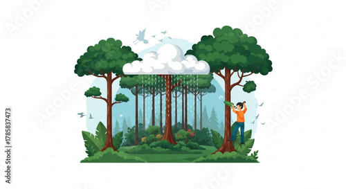 Rainforest ecosystem illustration with trees, rain cloud, birds, and person observing nature for education
