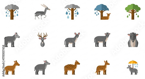 Deer species vector art illustration set, forest animals, wildlife design elements, nature and rain concept