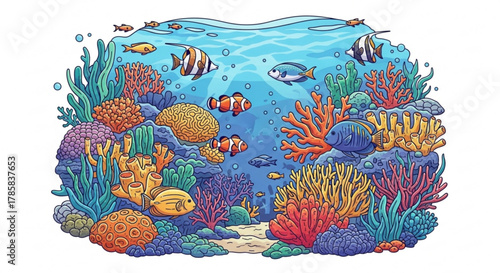 Underwater coral reef ecosystem with colorful fish marine life ocean scene vector illustration design