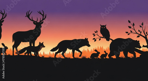 Wildlife silhouette scene at sunset with deer bear wolf fox rabbit owl trees and forest landscape