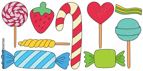 Hand-drawn cartoon set of candies on a white background.