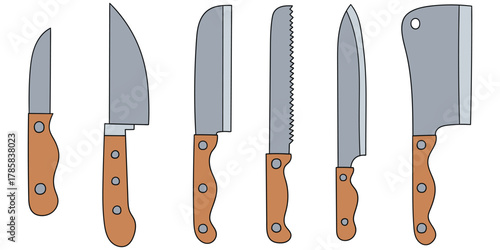 Hand-drawn cartoon set of kitchen knives on a white background.