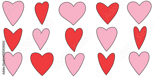 Hand-drawn cartoon set of pink and red hearts on a white background.