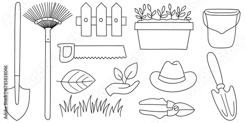 Hand-drawn doodle set of garden theme on white background.