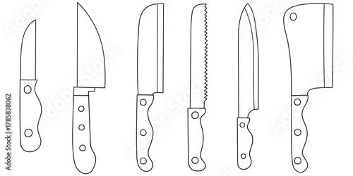 Hand-drawn doodle set of kitchen knives on a white background.