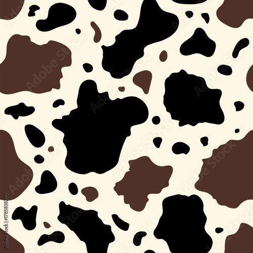 Cow abstract seamless pattern. Vector animal skin print, cute black and brown dalmatian spots on beige background. Natural stylized spotted texture for textile, fabric, dairy farm decor, wrapping.